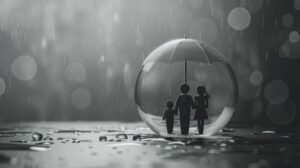 Familie unter Regenschirm in Glaskugel als Symbol für Schutz und Sicherheit