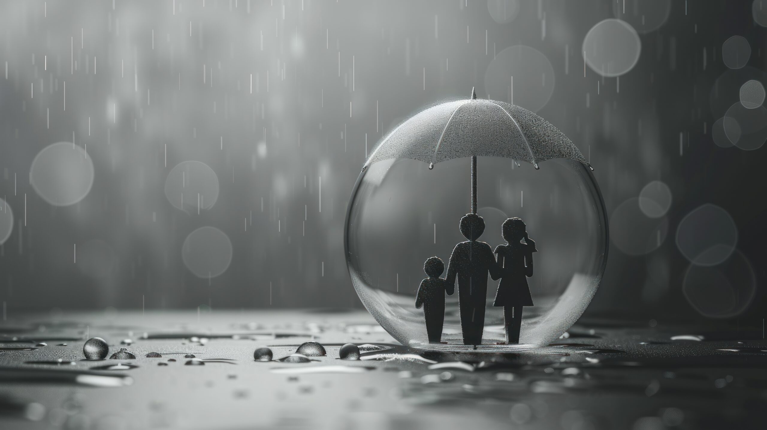 Familie unter Regenschirm in Glaskugel als Symbol für Schutz und Sicherheit