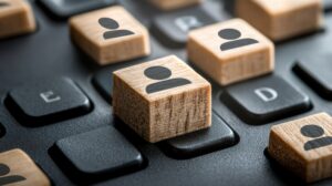 Holzblöcke mit Personen Symbolen auf einer Computer Tastatur
